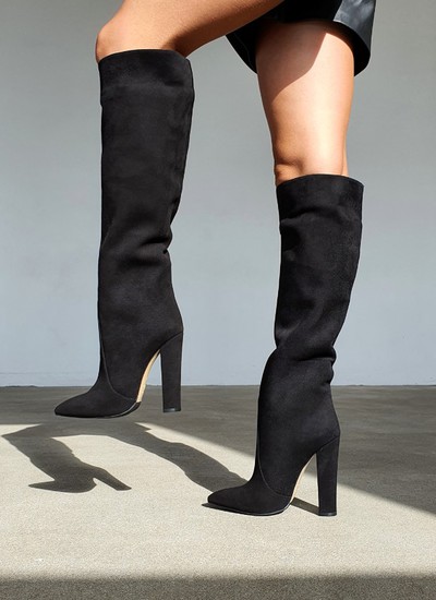 Wide boots black suede thick heel 12 cm