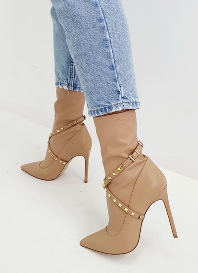 Ankle boots stocking beige leather with spikes 11 cm
