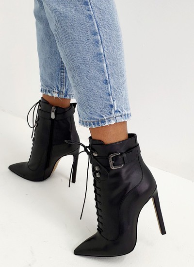 Ankle boots black leather lacing  strap 12 cm