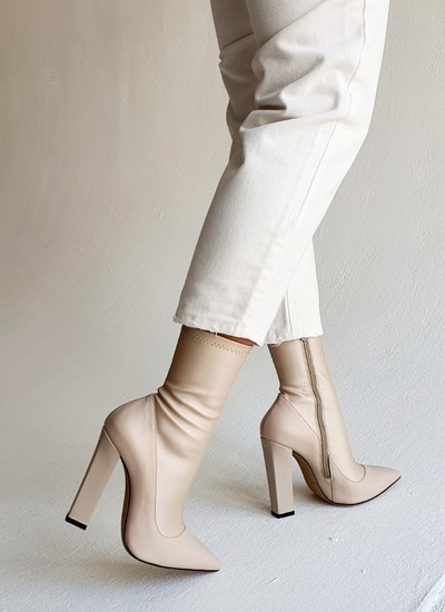 Ankle boots stocking beige leather thick heel 12 cm