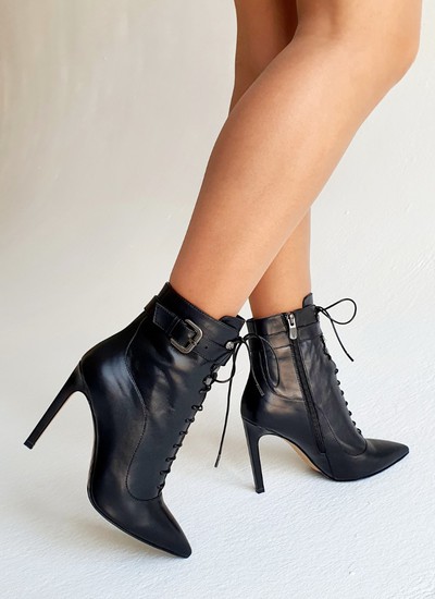 Ankle boots black leather lacing straps 10.5 cm