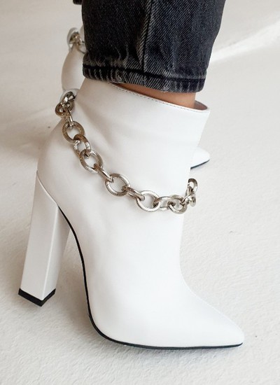 Ankle boots white leather chains thick heel 12 cm