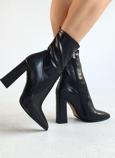 Ankle boots black leather thick square heel  10 cm