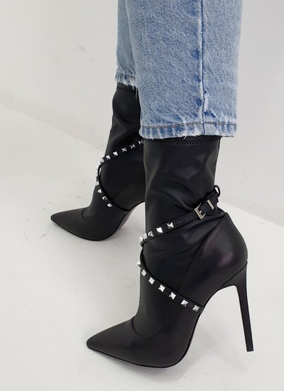 Ankle boots stocking black leather with spikes 11 cm