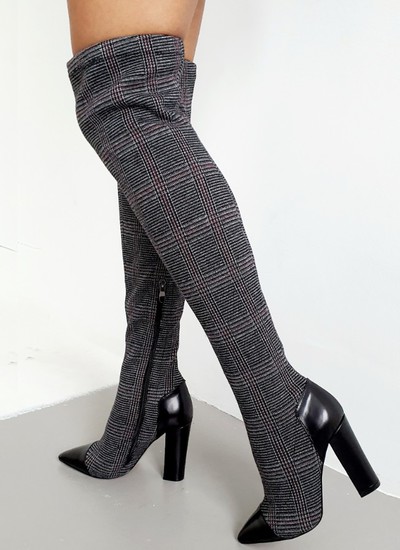 Thigh high boots checkerboard cloth