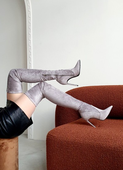 Thigh high boots grey suede with elastane 63 cm