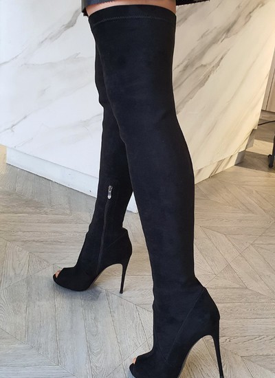 Thigh high boots open toe black suede with elastane