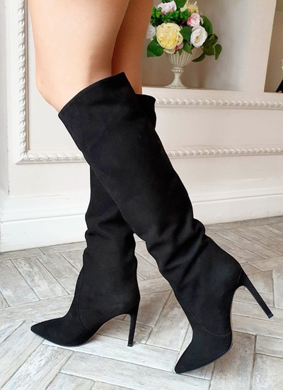 Wide boots black suede 10 cm