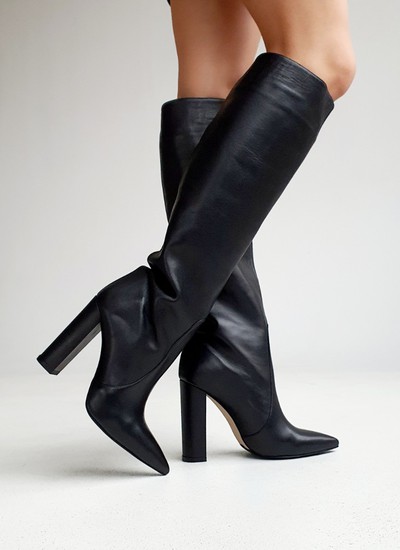 Wide boots black leather thick heel 10 cm