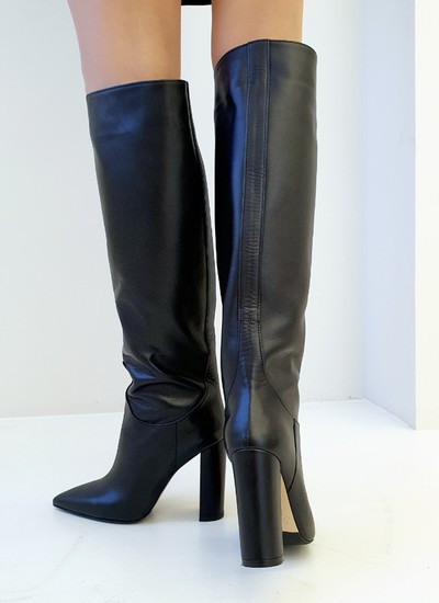 Wide boots black leather with line thick heel 10 cm