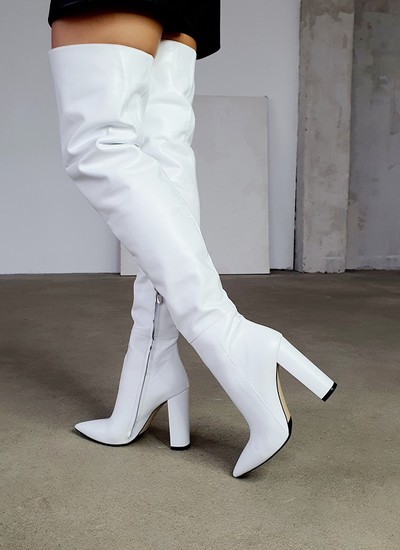 High boots white leather thick heel