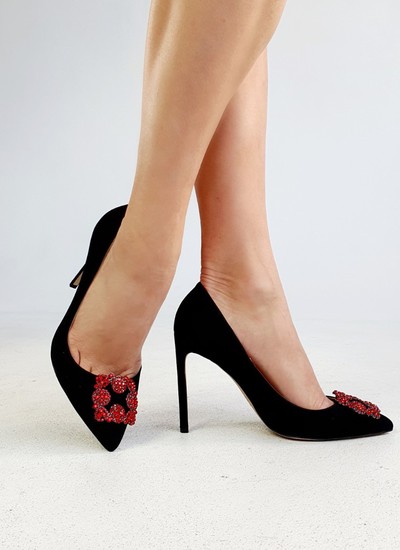 Shoes black suede with red brooch