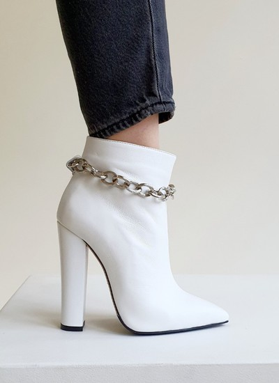 Ankle boots white leather chains round thick heel 12 cm