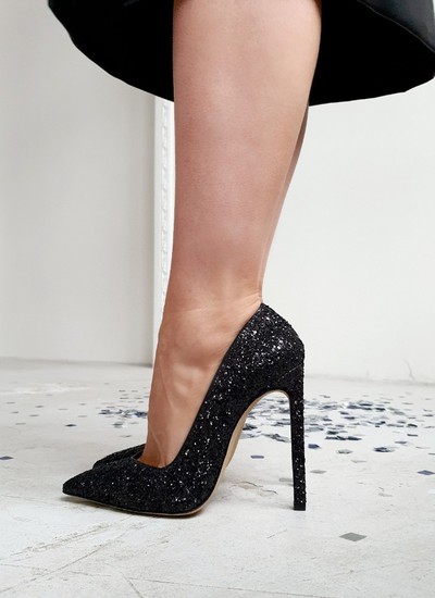 Shoes black glitter with neckline on toe 12 cm