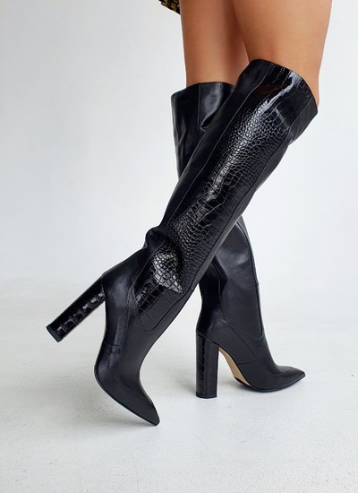 Boots black crocodile embossed leather thick heel 10 cm