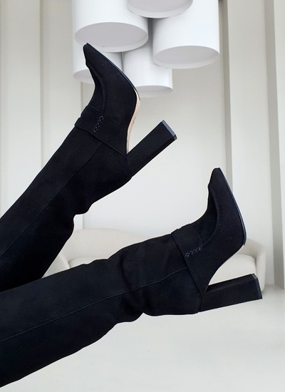 Boots black suede with seam thick heel 10 cm