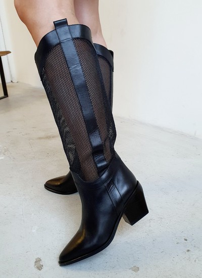 Cowboy boots black leather mesh 8 cm