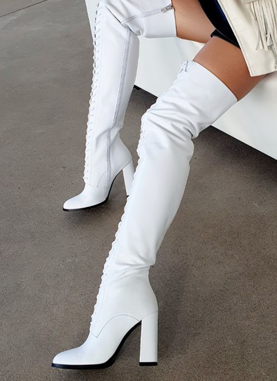Thigh high boots white leather with lacing thick heel 10 cm