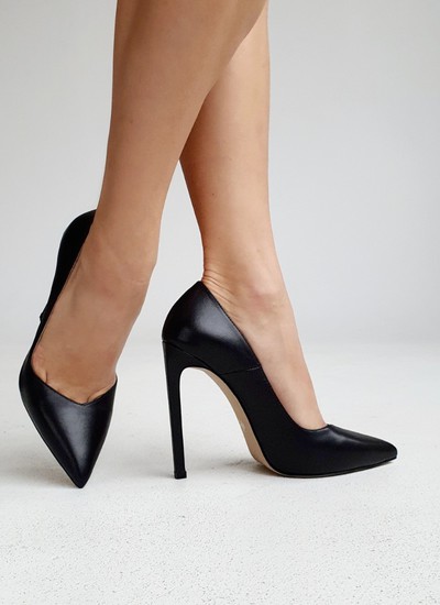Shoes black leather with neckline on toe 12 cm
