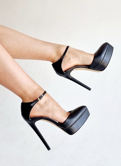 Shoes black leather with neckline and strap 13 cm