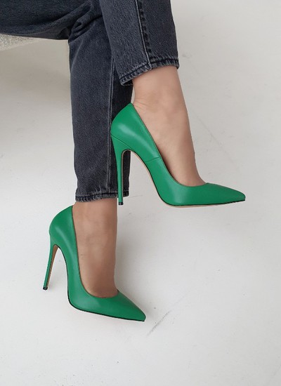 Shoes green leather 12 cm thin heel