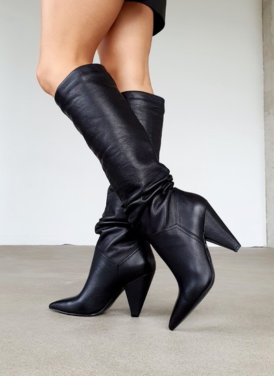 Boots black leather cone heel
