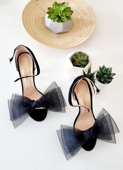 Sandals black suede with tulle bow 12 cm