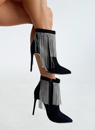 Ankle boots black suede with chain fringe 11 cm